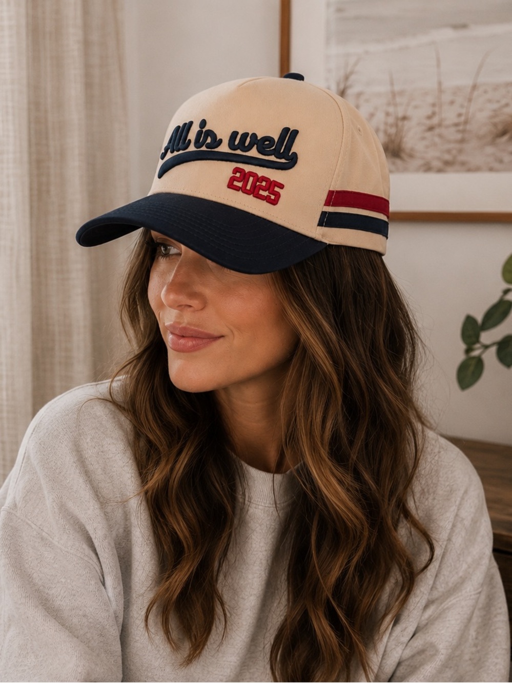 All Is Well Trucker Hat | Cream & Navy Embroidered